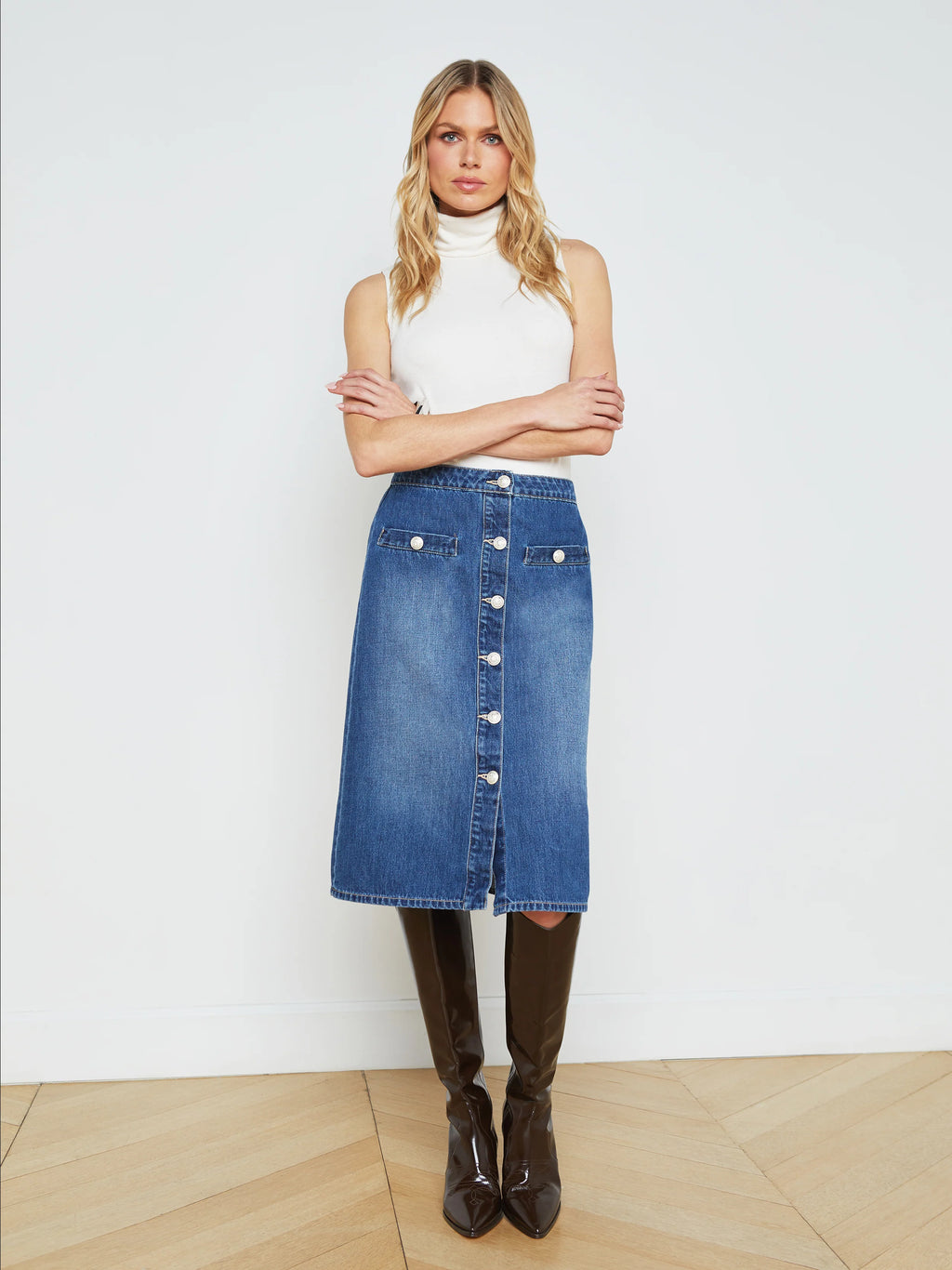 L'Agence Landry Button Front Midi Skirt in Verdugo