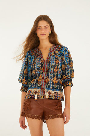 Farm Rio Embroidered Tapestry Tassels Puff Sleeve Blouse in Blue