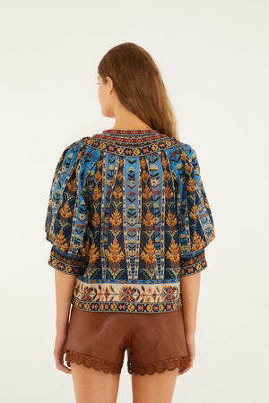 Farm Rio Embroidered Tapestry Tassels Puff Sleeve Blouse in Blue