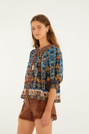 Farm Rio Embroidered Tapestry Tassels Puff Sleeve Blouse in Blue