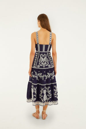 Farm Rio Richillieu Midi Dress in Blue