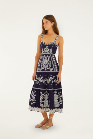Farm Rio Richillieu Midi Dress in Blue