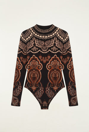 Farm Rio Nicole Long Sleeve Jersey Bodysuit in Black