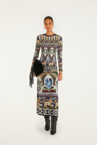 AINIKA PIETRA DURA MULTICOLOR LONG SLEEVE MIDI DRE