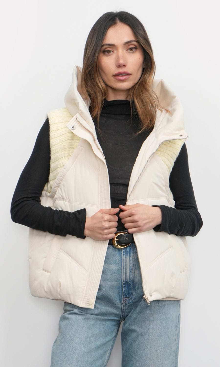 Greylin Douglas Ribbed Puffer Hooded Vest in Cream