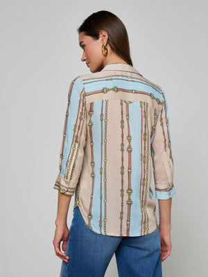L'Agence Camille 3/4 Sleeve Top in Taupe/Sage Belt Stripe