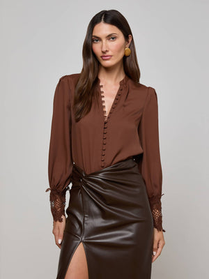 L'Agence Ava Lace Cuff Blouse in Hot Fudge