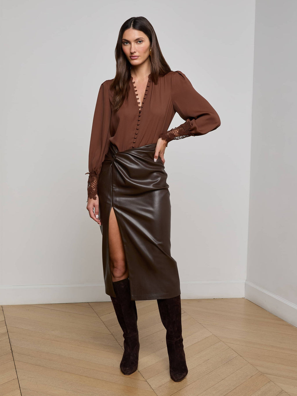L'Agence Ava Lace Cuff Blouse in Hot Fudge