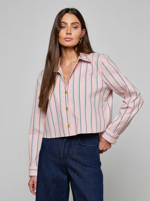 L'Agence Cosette Crop High Low Shirt in Pale Rose Stripe