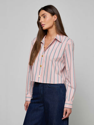L'Agence Cosette Crop High Low Shirt in Pale Rose Stripe
