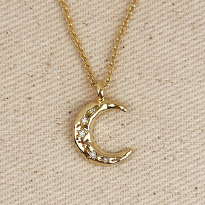 GoldFi 18k Gold Filled Hammered Crescent Moon CZ Necklace