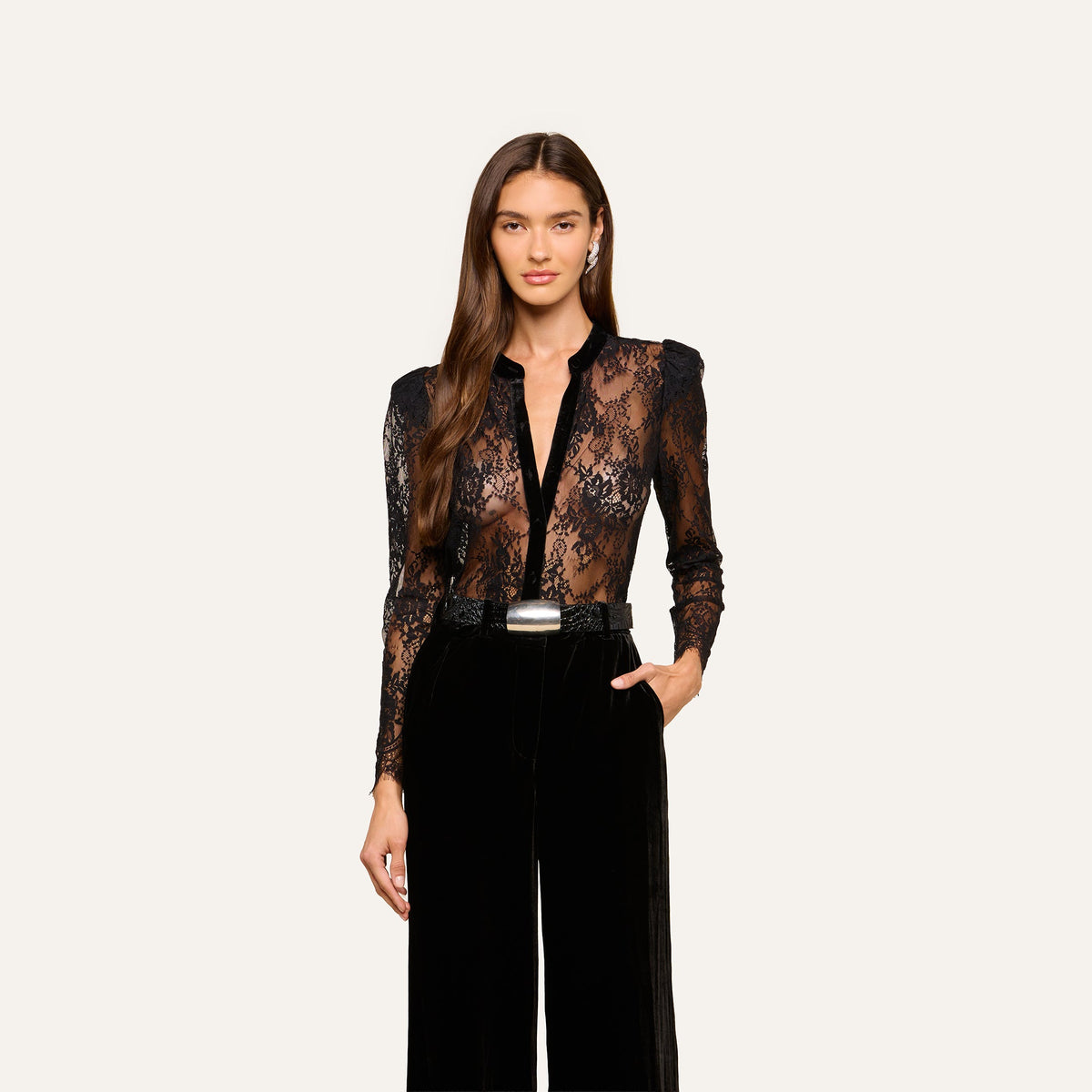 L'Agence Dorothea Velvet Lace Blouse in Black