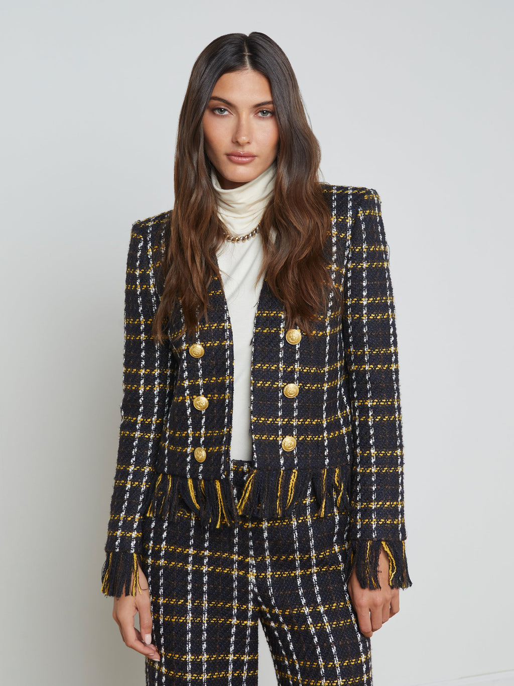 L'Agence Belmont Fringe Jacket in Black/Yellow Multi Plaid