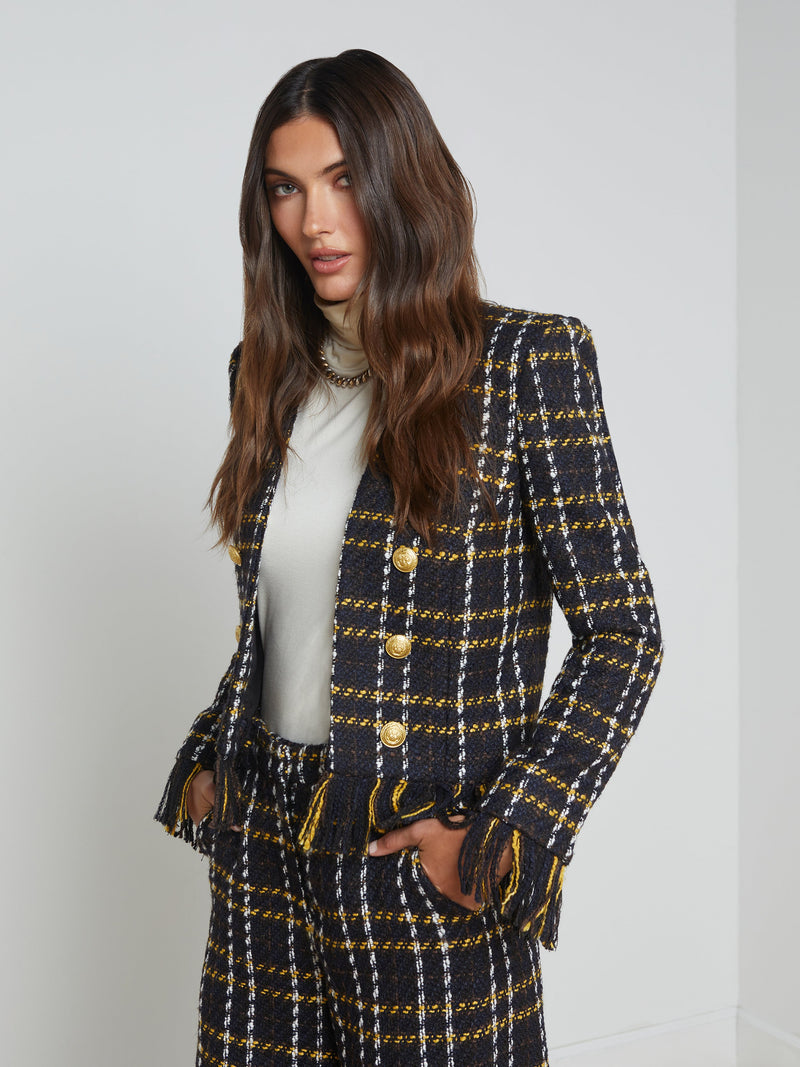 L'Agence Belmont Fringe Jacket in Black/Yellow Multi Plaid