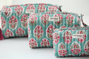 MYNAHbySmitha Quilted Travel Bag in Turquoise Bouquet Print -Assorted Sizes