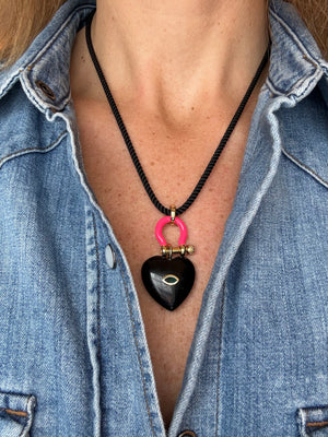 Forever Blythe Obsidian Heart Pendant Necklace in Hot Pink and Black