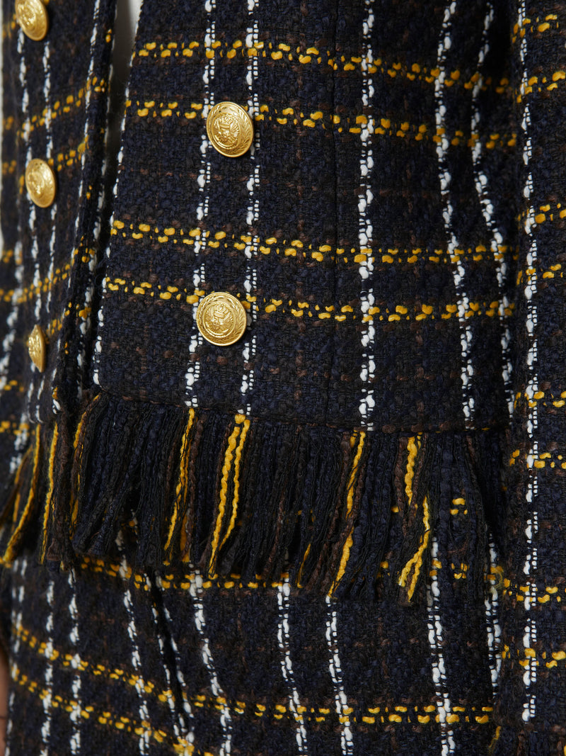 L'Agence Belmont Fringe Jacket in Black/Yellow Multi Plaid