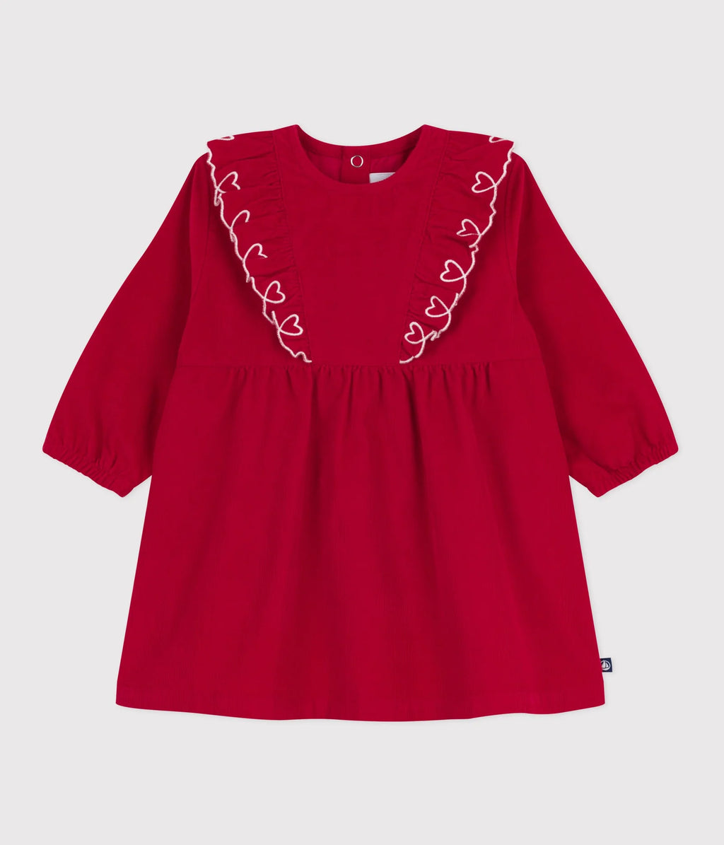 Petit Bateau Baby Corduroy Dress with Ruffle Hearts in Red