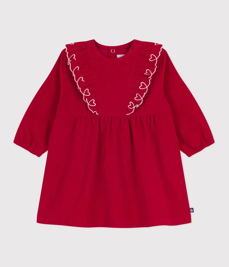 Petit Bateau Baby Corduroy Dress with Ruffle Hearts in Red