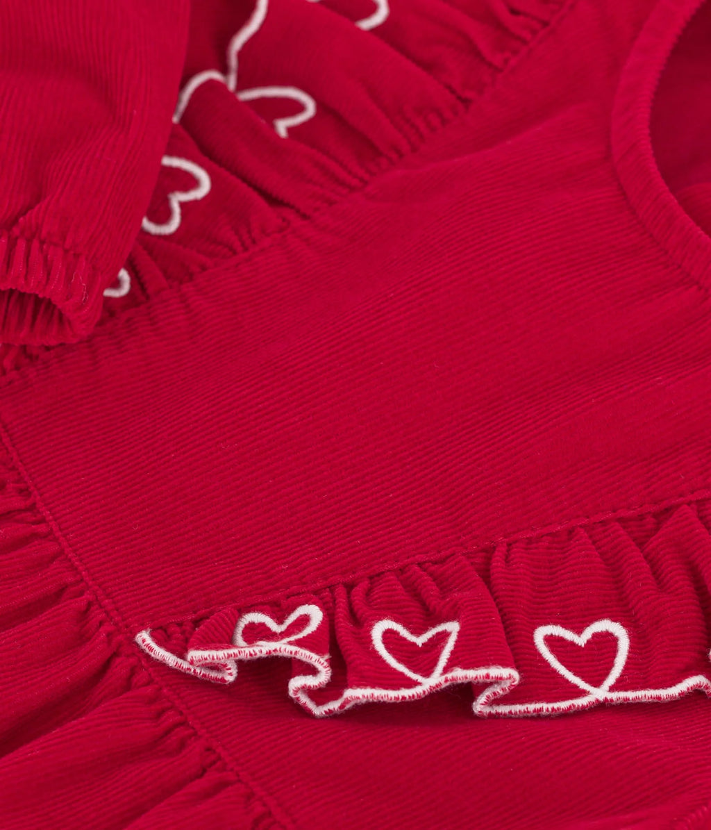 Petit Bateau Baby Corduroy Dress with Ruffle Hearts in Red