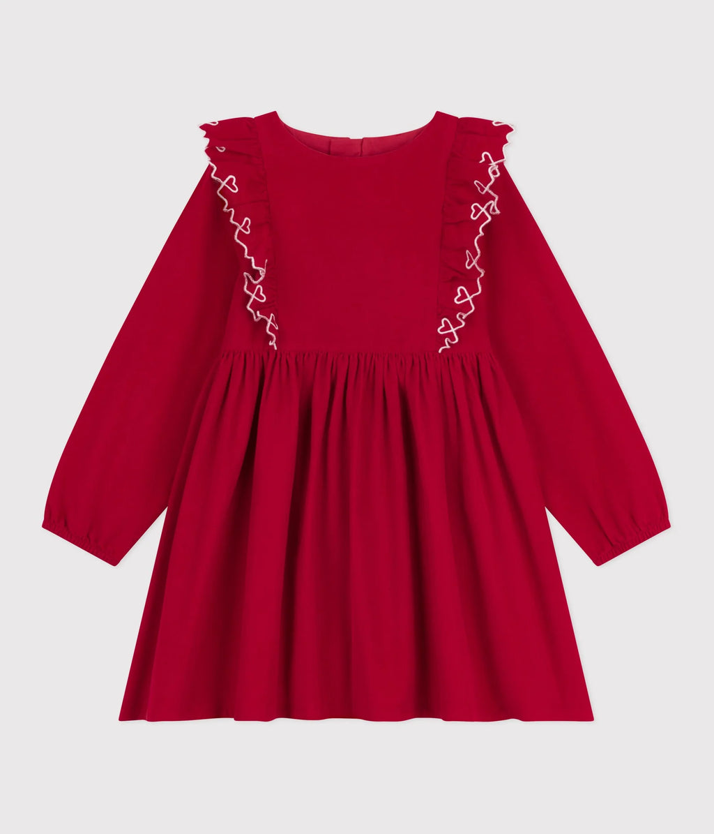 Petit Bateau Girls Corduroy Dress with Ruffle Hearts in Red