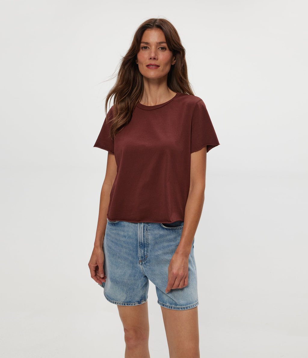 Michael Stars Jackie Raw Edge Crew Tee in Espresso