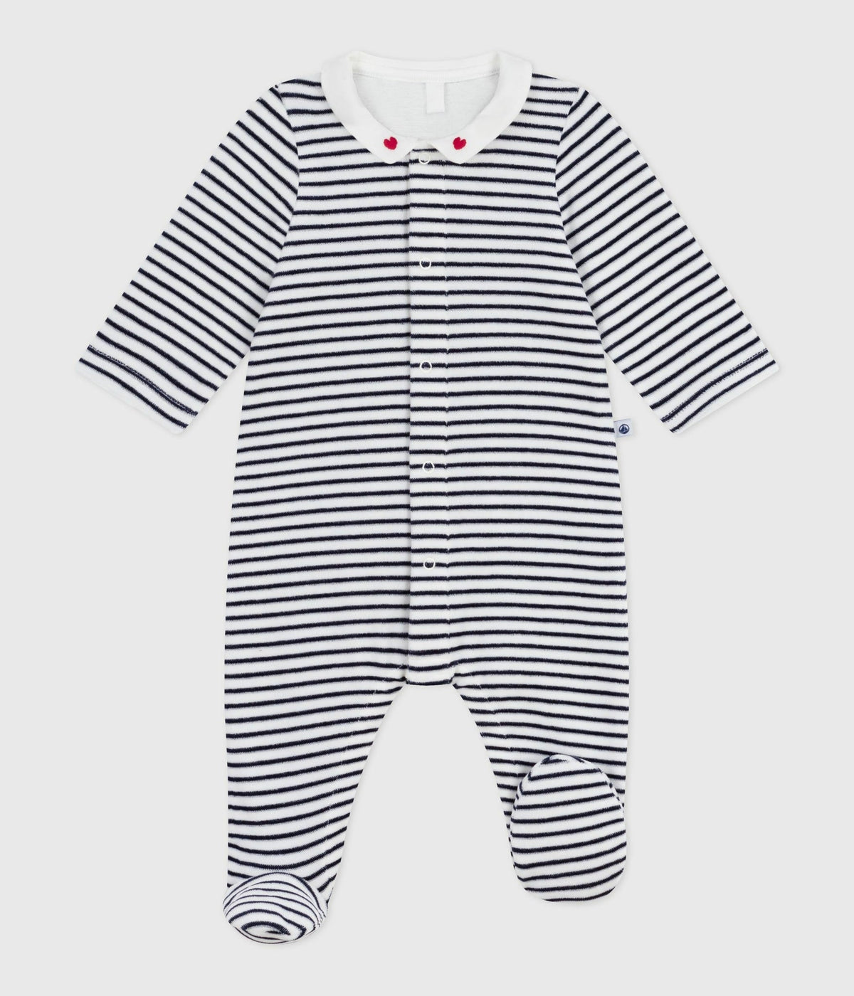 Petit Bateau Velour Snap Footie with Collar in Navy Stripe