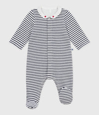 Petit Bateau Velour Snap Footie with Collar in Navy Stripe