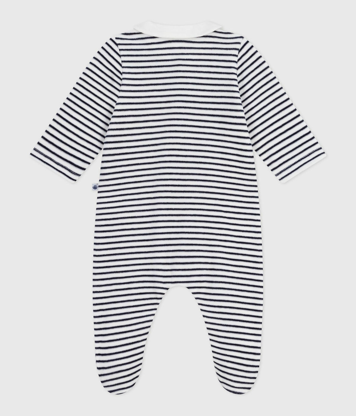 Petit Bateau Velour Snap Footie with Collar in Navy Stripe