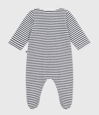 Petit Bateau Velour Snap Footie with Collar in Navy Stripe