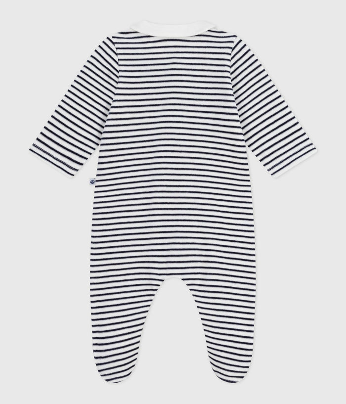 Petit Bateau Velour Snap Footie with Collar in Navy Stripe