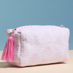 Frem Pink Quilted Seashell Cosmetic Pouch – Zipper Makeup Bag with Tassel