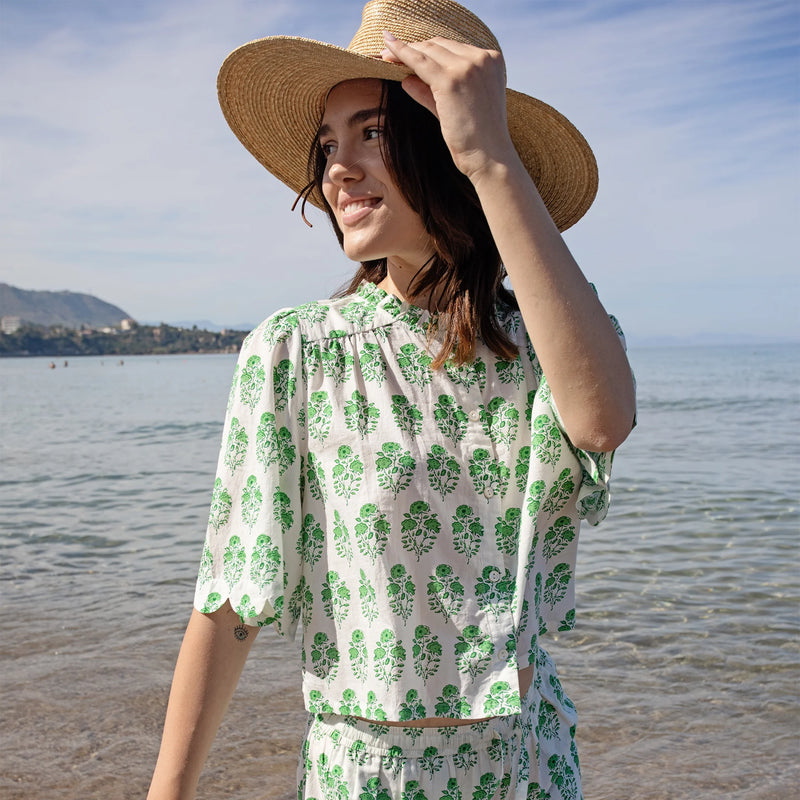 Pink Chicken Womens Misha Scallop Top in Green Strawflower