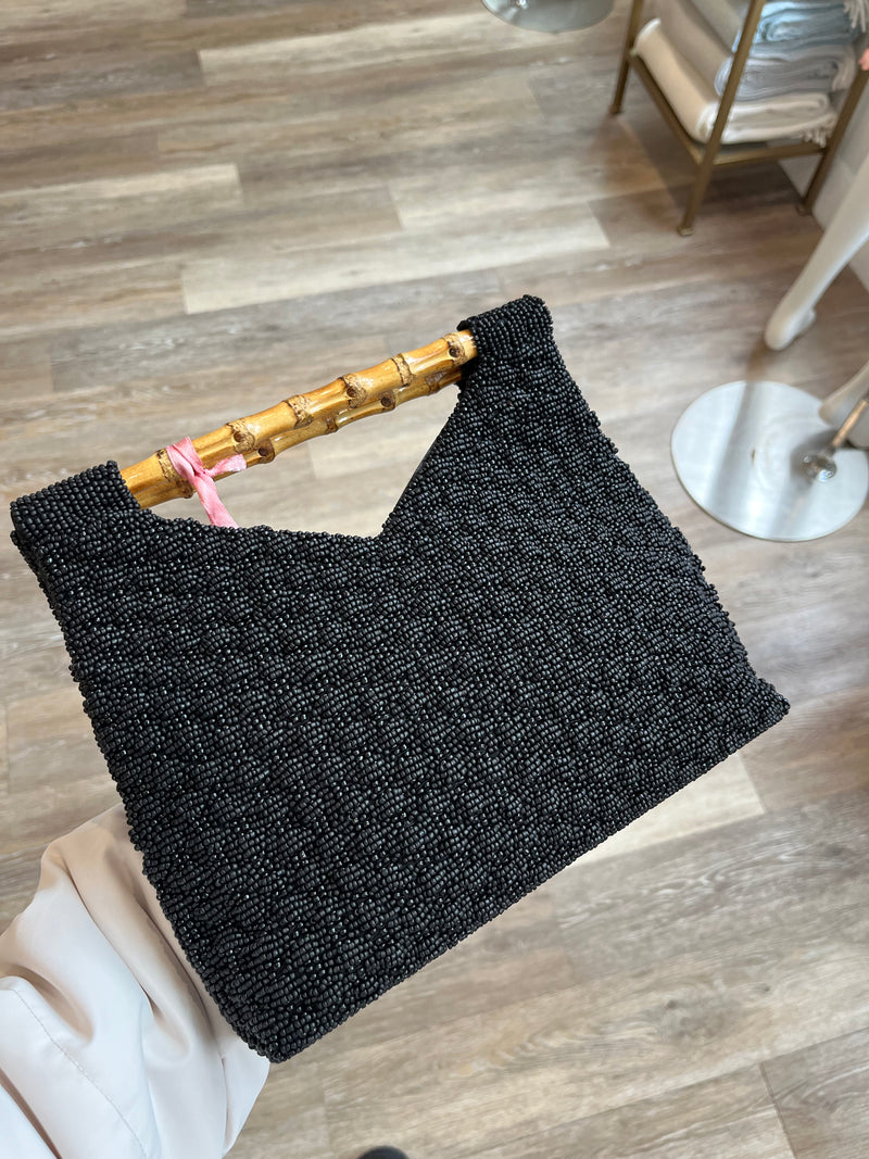 Tiana Bamboo Handle Beaded Bag in Black