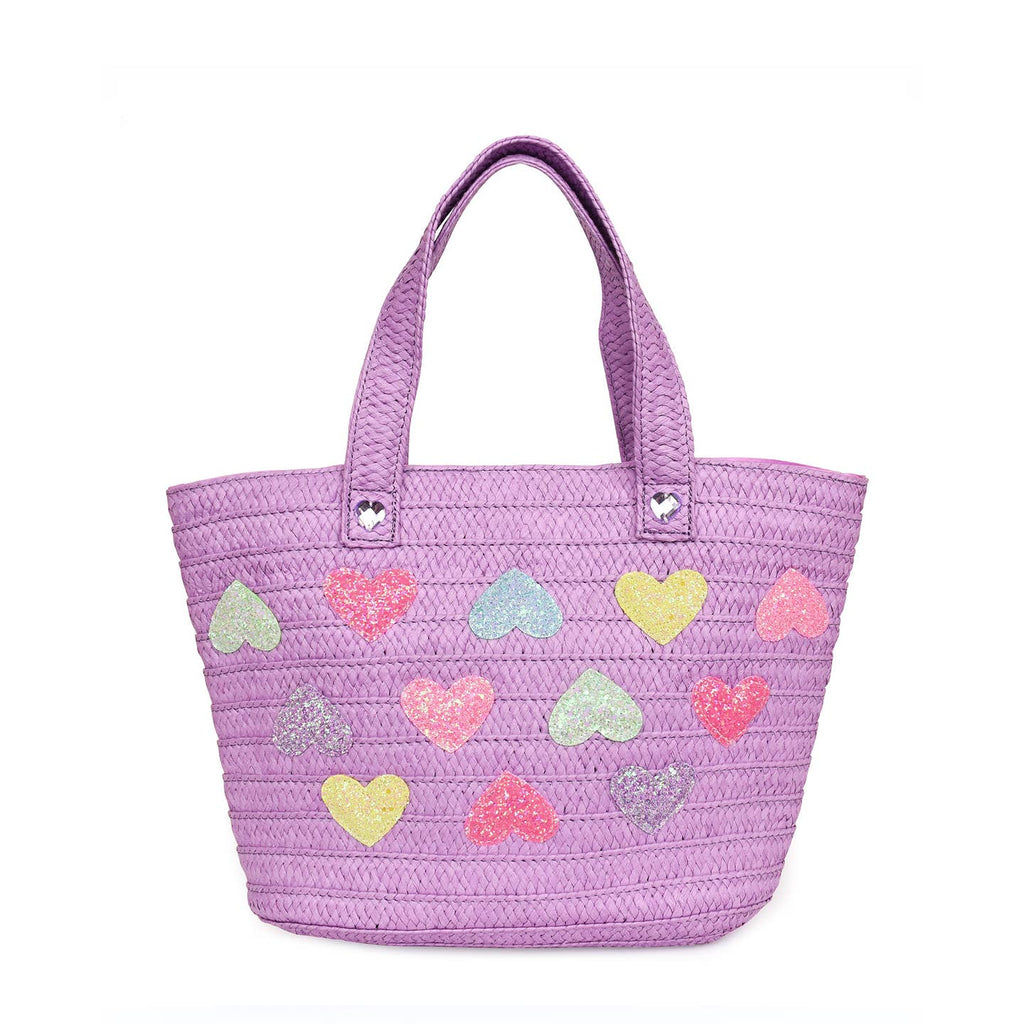 OMG Accessories Heart Patched Purple Straw Tote Bag