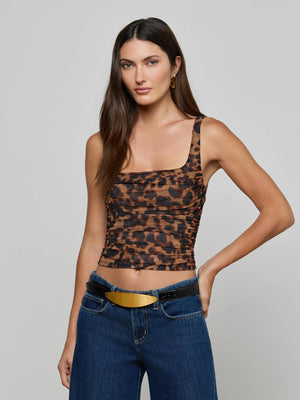 L'Agence Rasha Shirred Tank in Brown Multi Amur Leopard