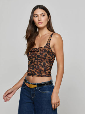 L'Agence Rasha Shirred Tank in Brown Multi Amur Leopard