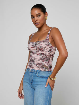L'Agence Rasha Shirred Tank in Nocturnal Pink Butterfly Jungle