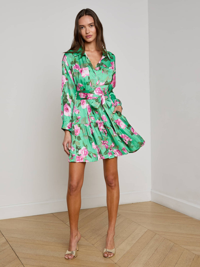 L'Agence Virlen Tiered Shirt Dress in Green Multi Santa Fe