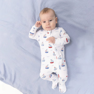 Angel Dear 2 Way Zipper Footie in Bubbly Sailboats Blue