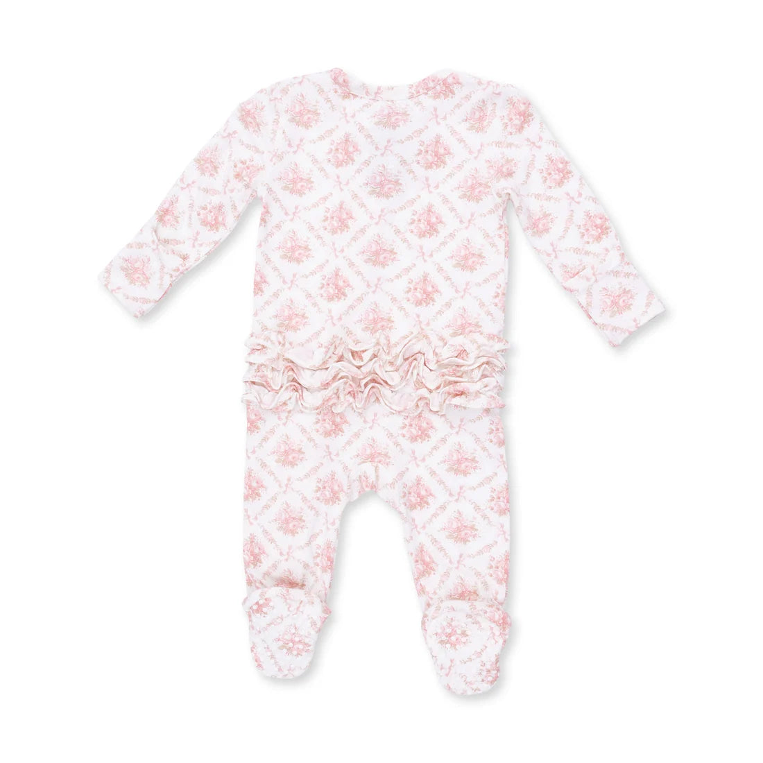 Angel Dear 2 Way Zipper Ruffle Back Footie in Rosebow Lattice