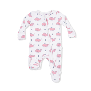 Angel Dear 2 Way Ruffle Back Zipper Footie in Bubbly Whale with Pink Bow