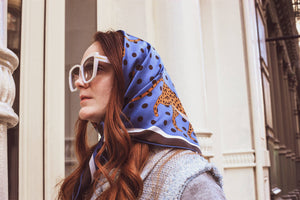 Jessie Zhao New York Double Sided Silk Scarf in Blue Leopards Garden