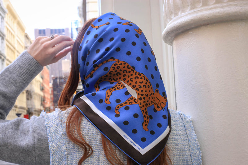 Jessie Zhao New York Double Sided Silk Scarf in Blue Leopards Garden