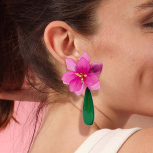 Michael Nash Jewelry Flora Fuchsia Resin Floral Clip On Earring With Green Drop
