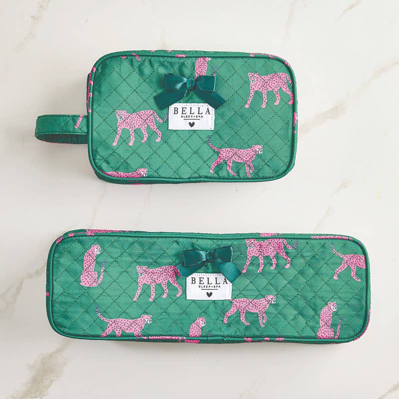 Bella Sleep Spa Quilted Cosmetic Bag in Green + Cheetahs