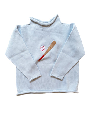 A Soft Idea Roll Neck Sweater in Light Blue with Baseball