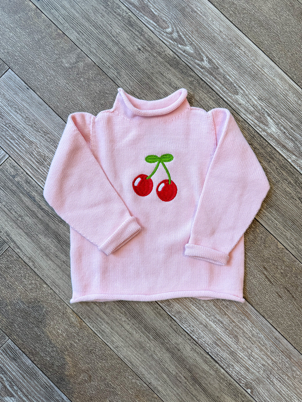 A Soft Idea Cherries Roll Neck Sweater in Light Pink