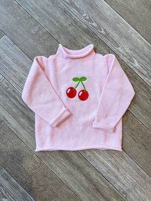 A Soft Idea Cherries Roll Neck Sweater in Light Pink