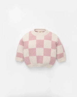 7AM Enfant Boxy Fuzzy Sweater in Ash Rose Checkers